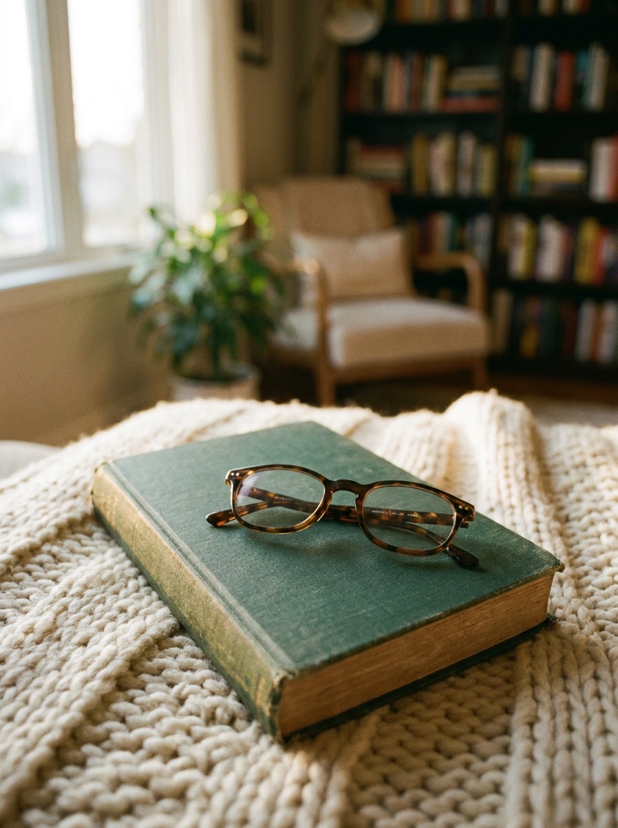 A cloth-bound keepsake book with reading glasses resting on a knit throw, warm-toned.
