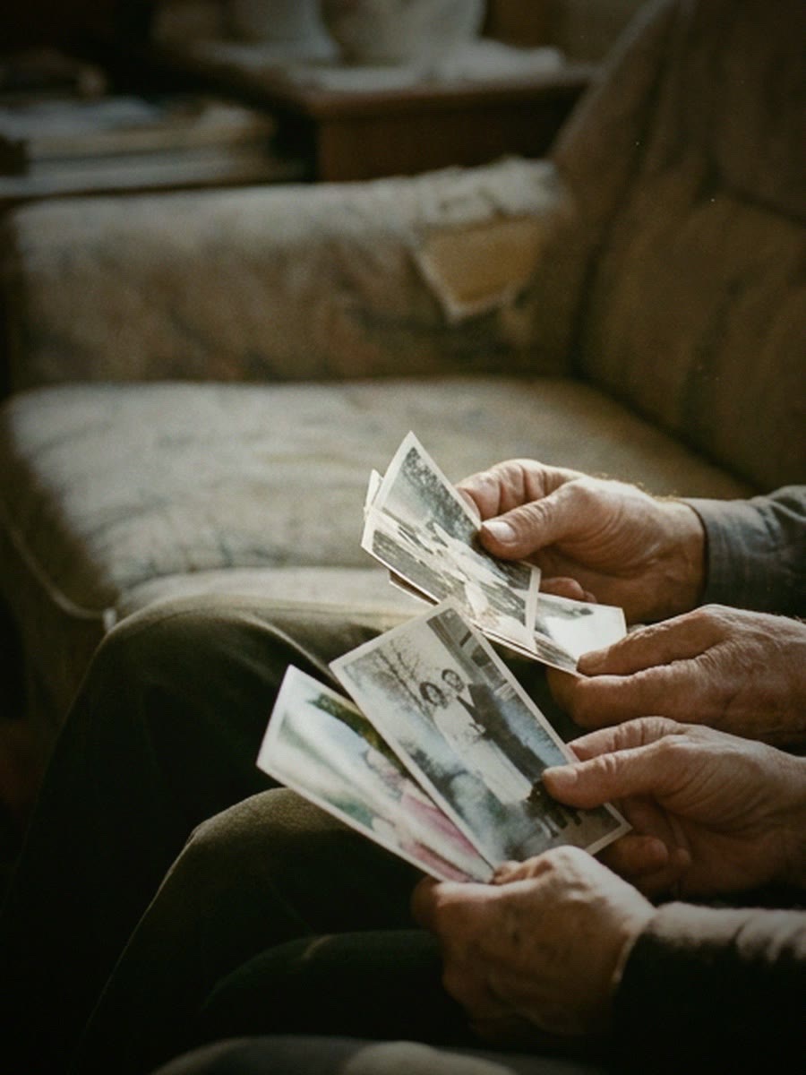 Weathered hands holding a fan of old printed photographs.